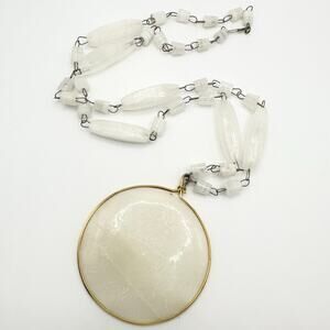 Vintage hand etched white agate large Aztec Mayan sun god pendant 26” necklace